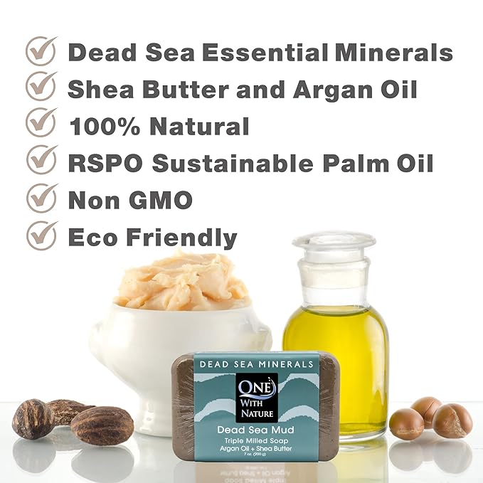 One With Nature Dead Sea Mineral Mud Soap Bar, 7 oz, Fragrance Free, Shea Butter, Argan Oil, Magnesium, Sulfur, 21 Minerals, Soothes Skin, Exfoliates