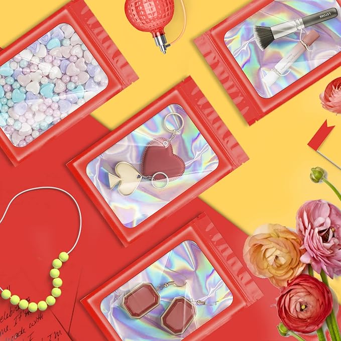 100 Pieces Smell Proof Mylar Resealable Bags, Holographic Packaging Bags, Resealable Odor Foil Pouch Zip Bag with Clear Window for Food Storage and Lipgloss, Jewelry Lash (Red, 3.5 x 6.3 Inch)