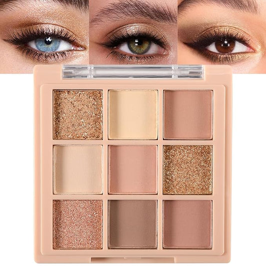 Erinde 9 Colors Eyeshadow Palette, Matte Shimmer Glitter Eye Shadow Makeup Palette, Highly Pigmented Long Lasting Waterproof, Natural Neutral Nude Eyeshadow Makeup Pallet, Oat Milk Tea