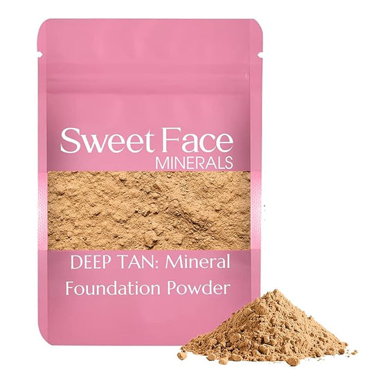 (12 Gram Bag) (Deep Tan) Foundation Powder Refill By Sweet Face Minerals, Lightweight Mineral Loose Makeup Powder with SPF 20, Full Coverage Flawless Finish, Talc-free, Cruelty-Free, Refillable Pouch