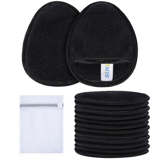 SINLAND Reusable Makeup Remover Pads For Face,Eye,Lips Microfiber Gentle Facial Cleansing Cloths for All Skin Types Friendly for Makeup Remover With Laundry Bag Black Pack of 12