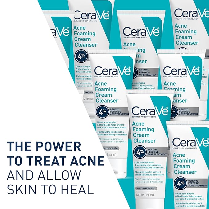 CeraVe Acne Foaming Cream Cleanser, 4% Benzoyl Peroxide Face Wash With Hyaluronic Acid, Niacinamide & Ceramides, Gentle Daily Acne Treatment For Face