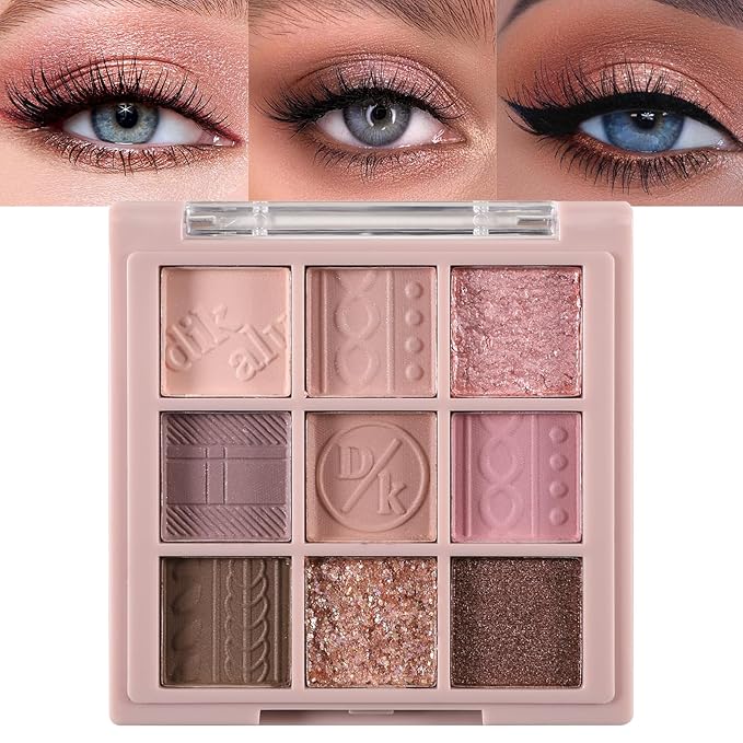 Erinde 9 Colors Eyeshadow Palette, Matte Shimmer Glitter Eye Shadow Makeup Palette, Highly Pigmented Long Lasting Waterproof, Natural Neutral Nude Eyeshadow Makeup Pallet, Pink Purple Rose