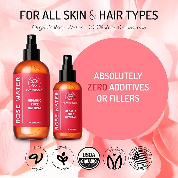 Eve Hansen Organic Rose Water Spray – Pure Rosewater Face & Hair Mist for Hydration & Refreshing Glow | Facial Toner & Makeup Setting Spray | Alcohol-Free & Vegan | 4 oz