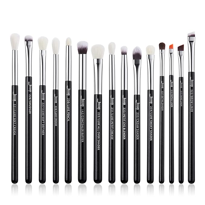 Jessup Eye Makeup Brushes Set Professional 15pcs with Eyeshadow Blending Concealer Eyebrow Eyliner Brush (Pearl Black/Silver)