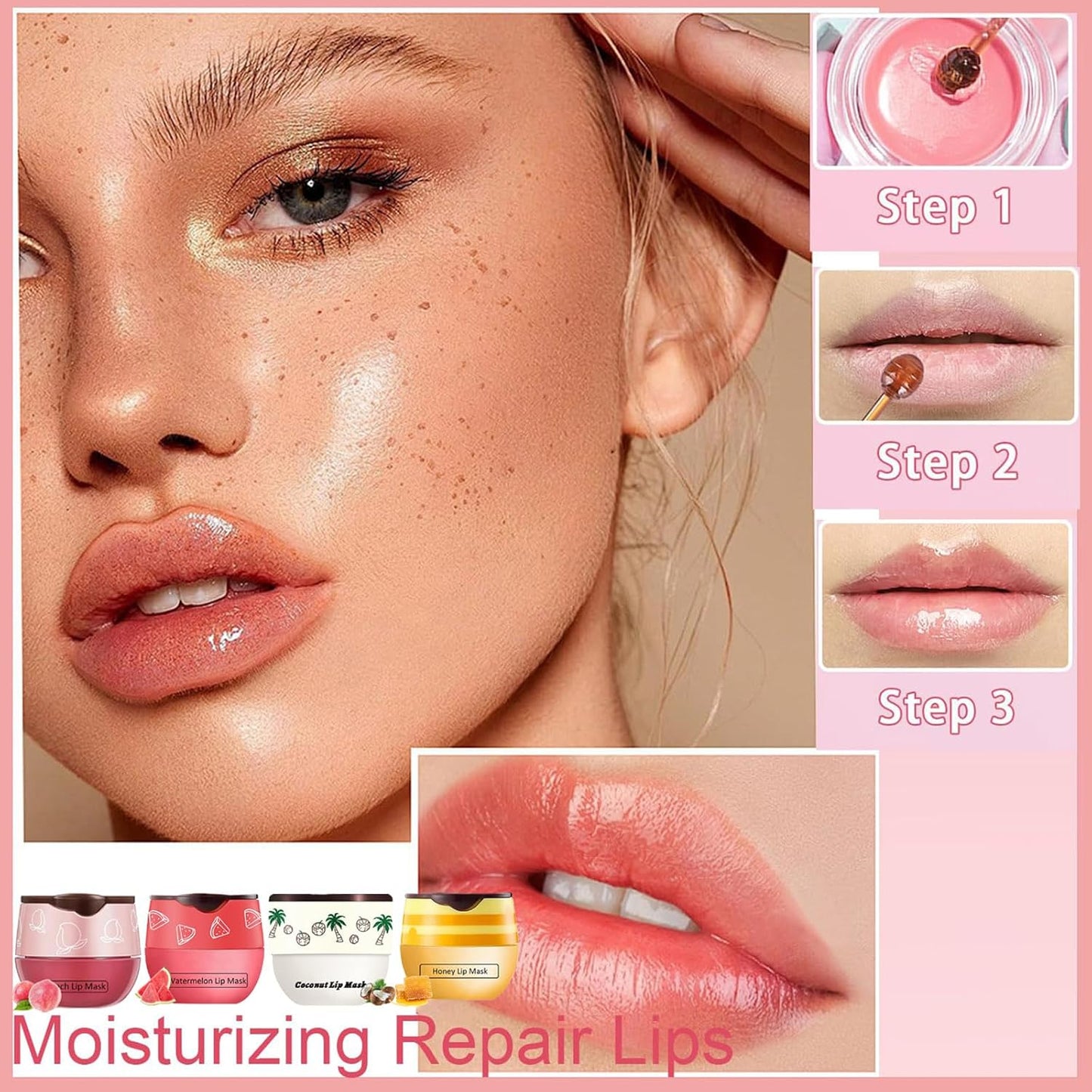 4 PCS Bee Lip Balm Honey Pot, Honey Coconut Watermelon Peach Sleeping Lip Mask Overnight with Sticks, Exfoliating Prevention Dry and Crack Lip Scrubs