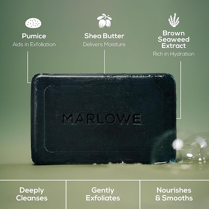 MARLOWE. No. 106 Charcoal Soap 7 oz (3 Bars) Body Bar Soap for Men, Cleansing, Purifying & Hydrating with Natural Extracts, Shea Butter, Olive Oil & Green Tea Extracts, Fresh Woodsy Scent