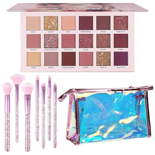 UCANBE Makeup Kit for Women & Teens,18 Colors Nude Eyeshadow +7pcs Soft Makeup Brushes + Pink Cosmetic Bag Makeup Sets, Shimmer Matte Glitter Makeup Palettes Set for Girls Beginners & Professional