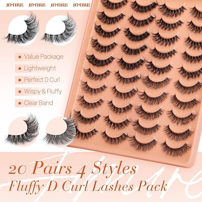 JIMIRE False Eyelashes 4 Styles Mixed Demi Wispies Cat Eye Lashes Mink Lashes Fluffy D Curl Russian Strip Lashes Natural Look Fake Lashes Pestañas 20 Pairs Pack