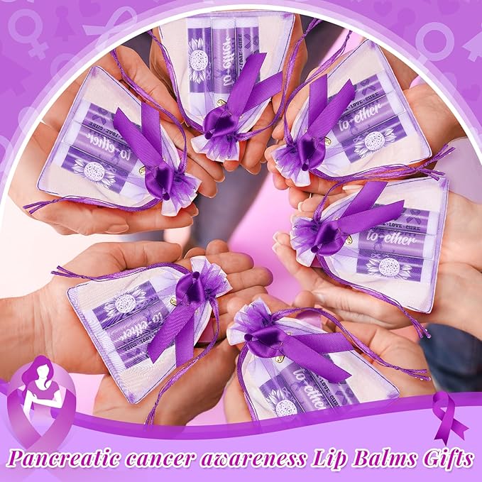 50 Set Overdose Awareness Lip Balms Gifts with 50 Organza Bags 50 Purple Awareness Ribbon Pins Raise Awareness for Domestic Violence Pancreatic Cancer Lupus Alzheimer's Awareness