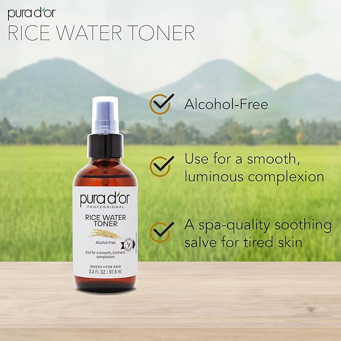 PURA D'OR 3.3 Oz Rice Water Facial Toner - Hydrating, Balancing & Soothing Formula with Natural Extracts - Skin Texture Support for Radiant Skin - Alcohol-Free - Travel Size