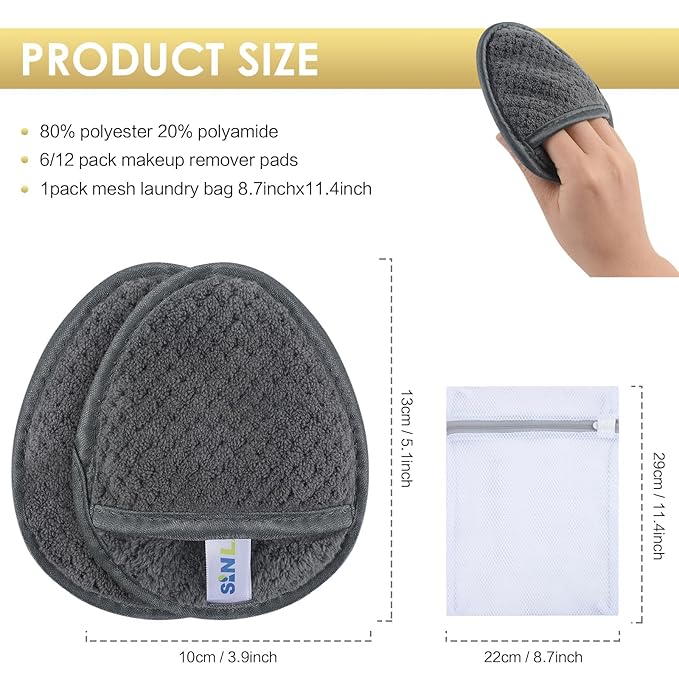 SINLAND Reusable Makeup Remover Pads For Face,Eye,Lips Microfiber Gentle Facial Cleansing Cloths for All Skin Types Friendly for Makeup Remover With Laundry Bag 5.1inchx3.93inch Gray Pack of 12