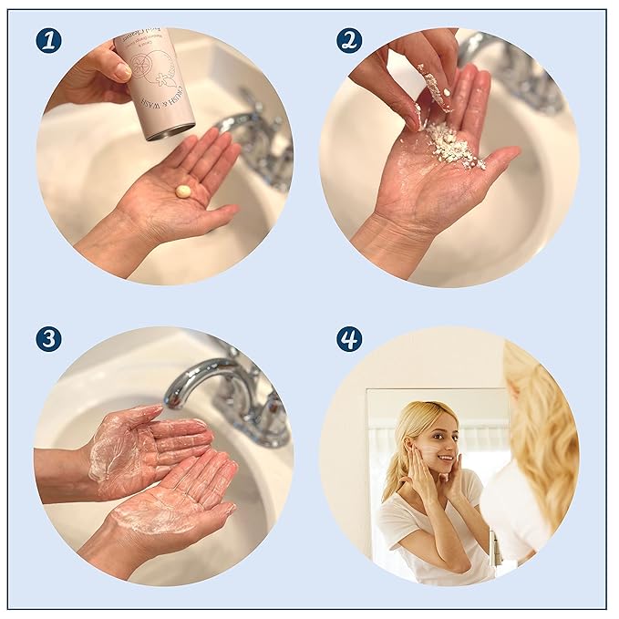 Daily 3 in 1 Facial Cleanser, Exfoliator and Wash-off Mask, Vegan, Cruelty Free, Plastic Free, Travel Friendly, 1 Month Supply Refill (60 Tablets) (Brightening)