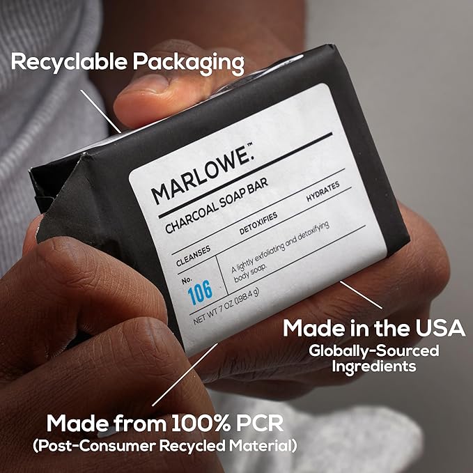 MARLOWE. No. 106 Charcoal Soap 7 oz (12 Bars) Body Bar Soap for Men, Cleansing, Purifying & Hydrating with Natural Extracts, Shea Butter, Olive Oil & Green Tea Extracts, Fresh Woodsy Scent