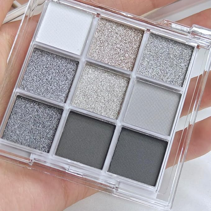 Erinde Black Smokey Gray Silver Eyeshadow Palette, 9 Colors Matte Shimmer Glitter Eye Shadow Makeup Pallet, Highly Pigmented Long Lasting Waterproof, Natural Neutral Shiny Eyeshadow Make Up Palette