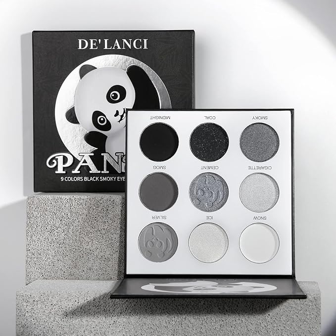 ecofavor Black Smoky Eye shadow Palette, DE’LANCI PANDA 9 Colors True Black Dark Grey Smokey Goth Makeup Pallet, 9 Soft Matte Shimmer High Pigmented Basic Black White Gray Shade for Halloween