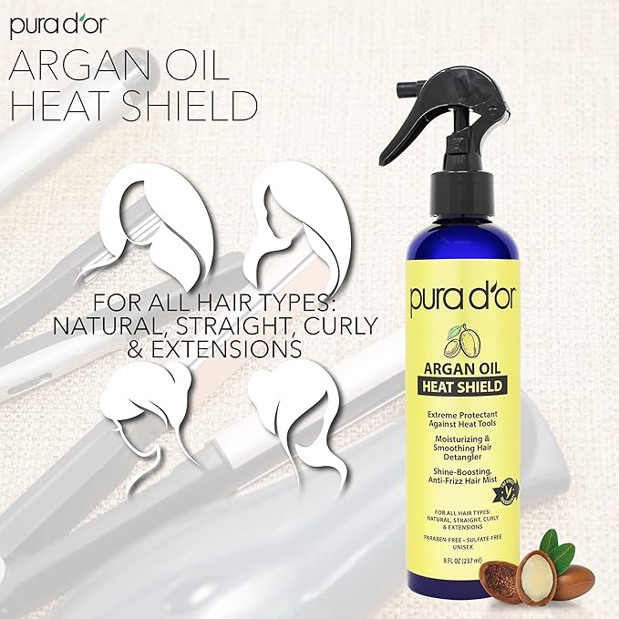 PURA D'OR 8 Oz Argan Oil Heat Shield Protectant Spray with Select Organic Ingredients, Protects Up To 450º F From Flat Iron & Hot Blow Dry, Leave-In, Define & Shine Dry & Damaged Hair