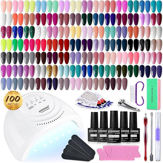 JODSONE 100 PCS Gel Nail Polish Starter Kit with U V Light 95 Colors Macarons Combined with Dark Colors Nail Gel No Wipe Base Coat Top Matte Coat Long Lasting Shine