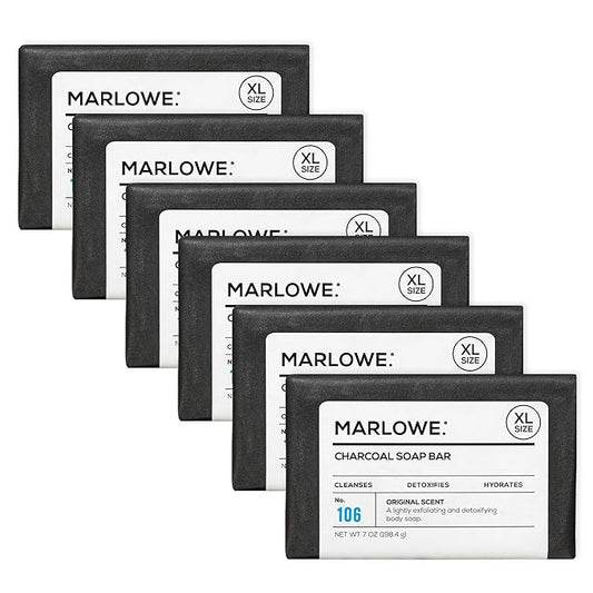 MARLOWE. No. 106 Charcoal Soap 7 oz (6 Bars) Body Bar Soap for Men, Cleansing, Purifying & Hydrating with Natural Extracts, Shea Butter, Olive Oil & Green Tea Extracts, Fresh Woodsy Scent