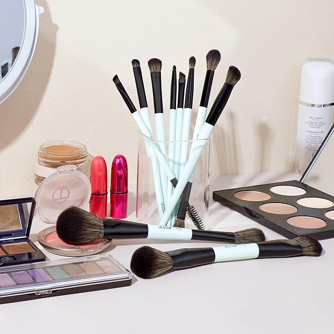 Jessup Makeup Brushes Set 10pcs, Double Sided Foundation Contour Blush Highlight Blending Eyebrow Brush Eyeshadow Eyeliner Concealer Brush, Bright Cyan Cruelty Free Cosmetic Tools T500