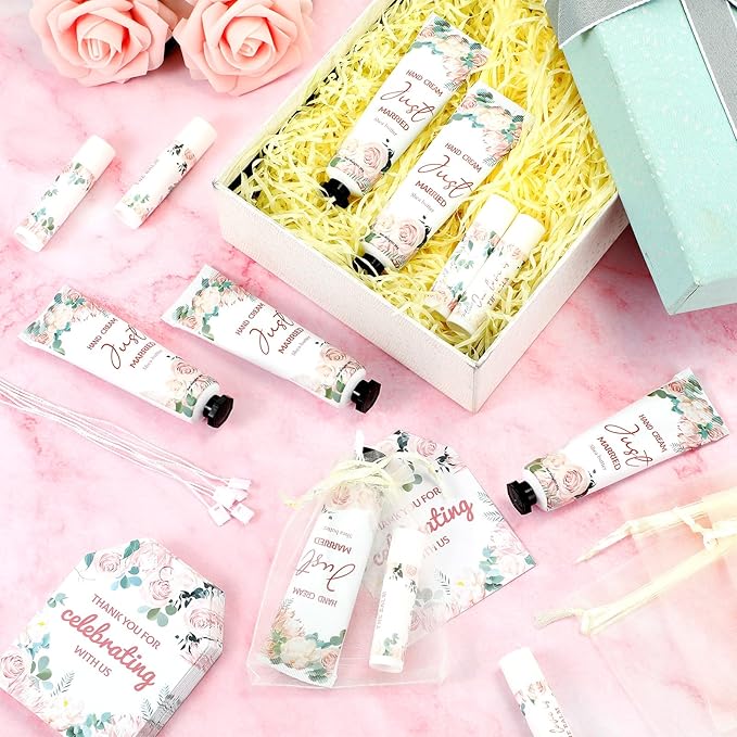25 Set Wedding Lip Balms and Hand Cream Gift Set Include 25 Moisturizing Hand Care Cream 25 Lip Balms with Thank You Cards and Bags Bridesmaid Gift Set for Bridal Shower Wedding(Floral)