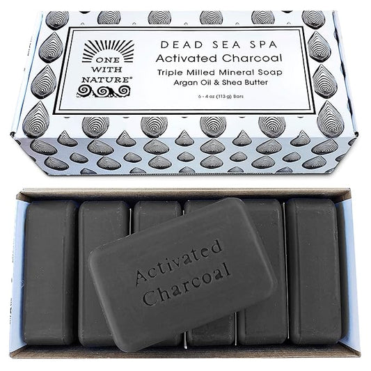 One With Nature Activated Charcoal Soap 4oz 6-Pack Gift Box – Detoxifying and Exfoliating Charcoal Soap Bar with Dead Sea Salt for Face & Body, for Men & Women