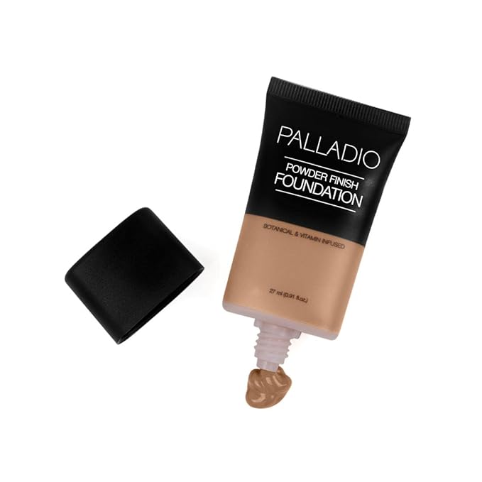 Palladio Powder Finish Liquid Foundation, Natural Matte Appearance, Reduces Fine Lines, Covers Large Pores, Hides Imperfections, All Day Wear, Sheer to Medium Coverage, Caramel