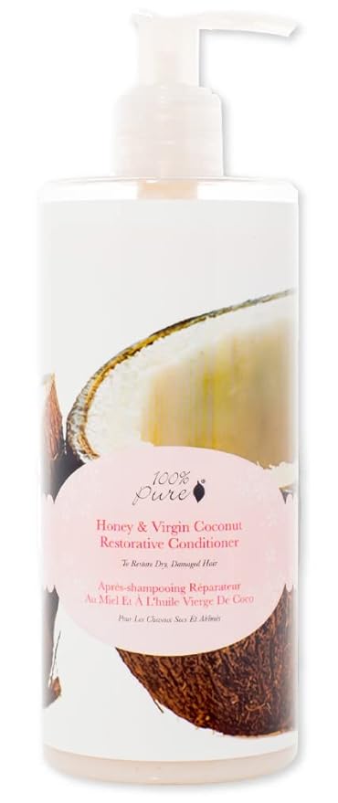 100% PURE Honey & Virgin Coconut Restorative Conditioner Moisturizer & Repair Replenishing Nutrient Boost for Dry Damaged Hair, Promotes Healthy Growth for Women & Men - Sulfate Free - 13 Fl Oz