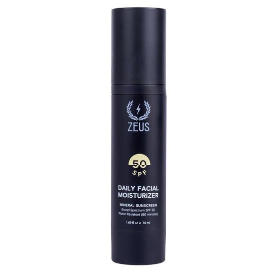 ZEUS Men's Daily Defense SPF50 Face Moisturizer for Men, Natural & Organic, Zinc Oxide Face Moisturizing Mineral Sunscreen, Hydrates & Protects Skin Against Harmful UV Rays (Made in USA)