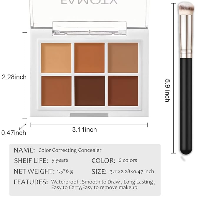 6 Color Correcting Concealer Palette With Concealer Brush, Tattoo Concealer, Cream Contouring Makeup Kit, Corrects Dark Circles Red Marks Scars Light Mediumor creamy concealer A3