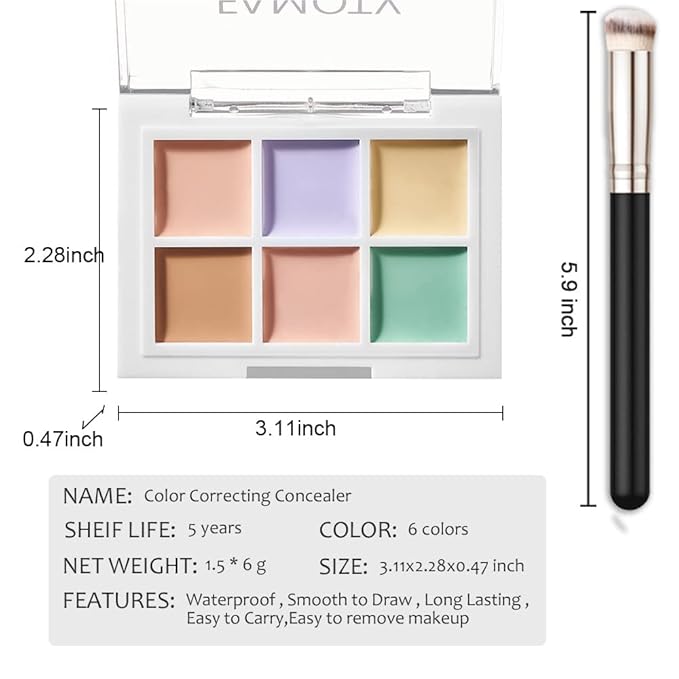 6 Color Correcting Concealer Palette With Concealer Brush, Tattoo Concealer, Cream Contouring Makeup Kit, Corrects Dark Circles Red Marks Scars Light Mediumor creamy concealer A1