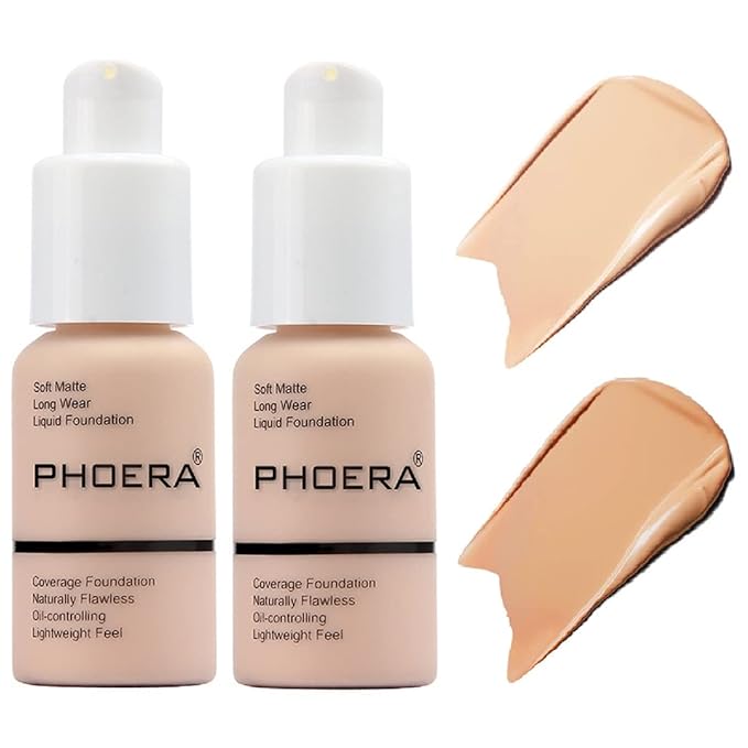 2 Pack PHOERA Foundation,Matte Oil Control Concealer Foundation Cream,PHOERA Long Lasting Waterproof Matte Liquid Foundation for Women Girls (102 Nude+104 Buff Beige)