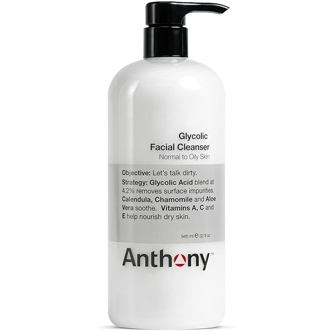 Anthony Glycolic Facial Cleanser for Men, Daily Exfoliating & Hydrating Face Wash, Shave Prep, Non-Foaming, Deep Cleansing, Gentle on Sensitive Skin, Removes Dirt & Oil, Smooths Texture, 32 Fl Oz