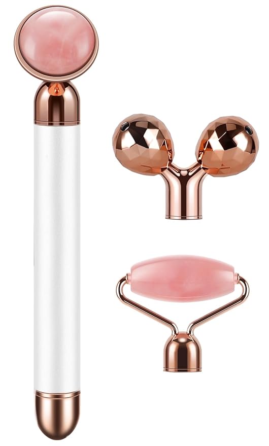 3-IN-1 Electric Jade Roller 3D Roller Facial Roller & Face Massager, Rose Quartz