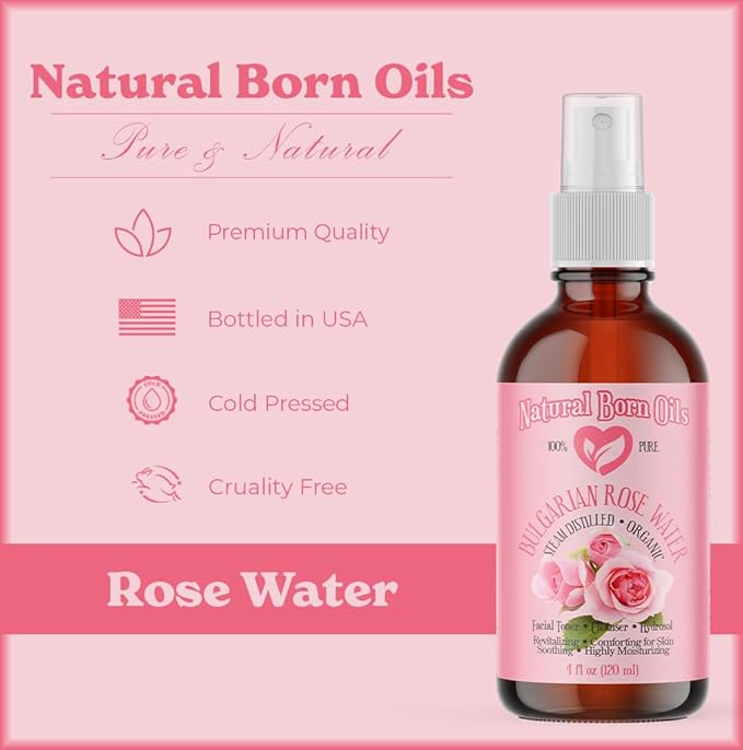 Natural Born Oils 8oz Rose Water Hydrosol, 100% Pure and Natural, Organic, Steam-distilled, Facial Toner Cleanser, with Sprayer, 8-Rose-Water