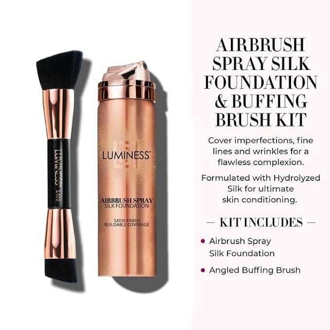 LUMINESS Silk Airbrush Spray Foundation & Buffing Brush Kit – Full Coverage Foundation & Dual-Sided Buffing Brush - Buildable Coverage, Anti-Aging Formula Hydrates & Moisturizes (Shade - Rich Dark)