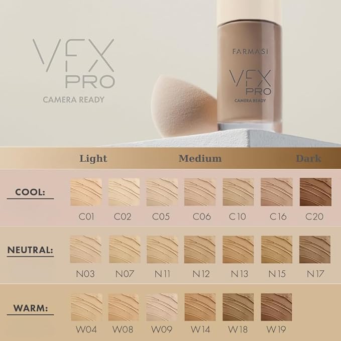 FARMASi Vfx Pro Foundation, Full Coverage Liquid Cream, Lightweight Long Lasting Coverage, Breathable Skin Moisturizer with Color True Matte Blending, Face Makeup, 1 fl. oz / 30 ml - Neutral Medium 15