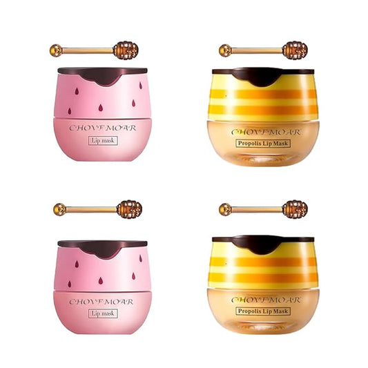 4PCS Nourishing Bee Lip Balm Honey Pot, Honey & Strawberry Lip Mask Moisturizing Lip Balm with Brush, Hydrating & Prevention Dry and Cracked Lips Reduces Lip Lines Lip Care Product