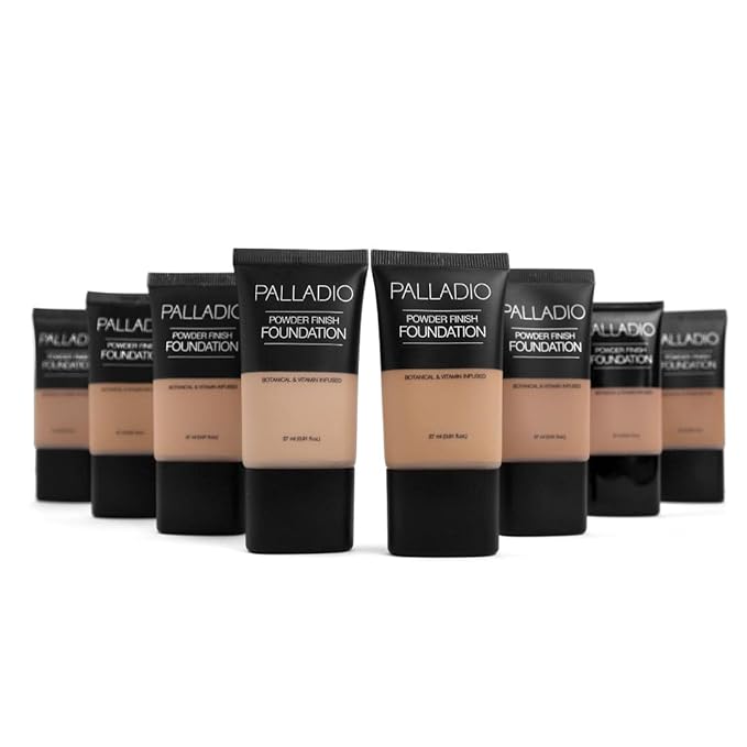 Palladio Powder Finish Liquid Foundation, Natural Matte Appearance, Reduces Fine Lines, Covers Large Pores, Hides Imperfections, All Day Wear, Sheer to Medium Coverage, Caramel