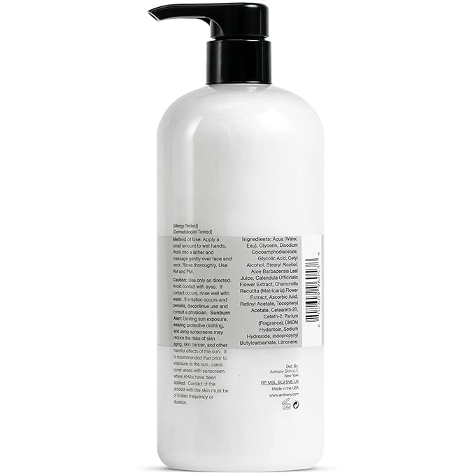 Anthony Glycolic Facial Cleanser for Men, Daily Exfoliating & Hydrating Face Wash, Shave Prep, Non-Foaming, Deep Cleansing, Gentle on Sensitive Skin, Removes Dirt & Oil, Smooths Texture, 32 Fl Oz