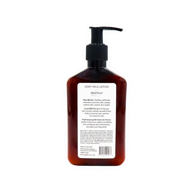 Goat Milk Lotion, Black Forest Fragrance, Hydrating Lotion for Men and Women, Infused With Nourishing Goat Milk, Shea Butter, Sunflower Oil, and Aloe, Soft Amber & Tobacco Scent, 9 Oz