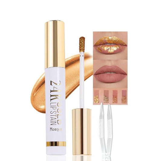 2025 New 24K Gold Liquid Lip Gloss Peel Off Lip Stain Tattoo with Tweezer, Ruby Red Lips Stain Peel Off Masque, Long Lasting Waterproof Lip Tint Stain, Transfer-proof for All Skin Types 03#