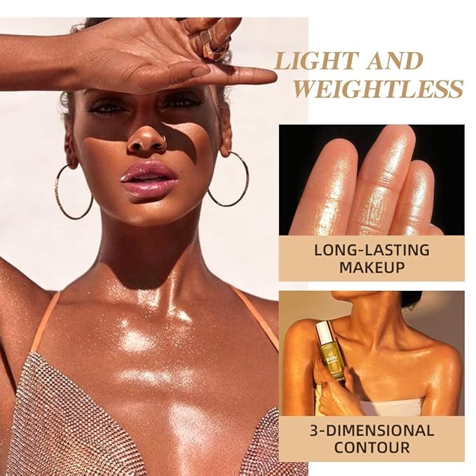 40ml Body Shimmer Oil,Liquid Body Illuminator, Waterproof Moisturizing And Glow For Face & Body, All-In-One Makeup Liquid Illuminator, Summer Body Luminizer,Makeup Brush Include (03#Bronze Gold)