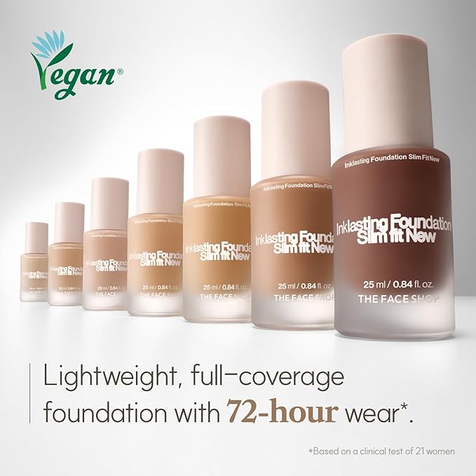 THE FACE SHOP Ink Lasting Liquid Foundation, Full Coverage, 72‑Hour Wear Semi‑Matte Finish, Makeup with Bakuchiol, N320 Chestnut, 0.84 Fl. Oz.