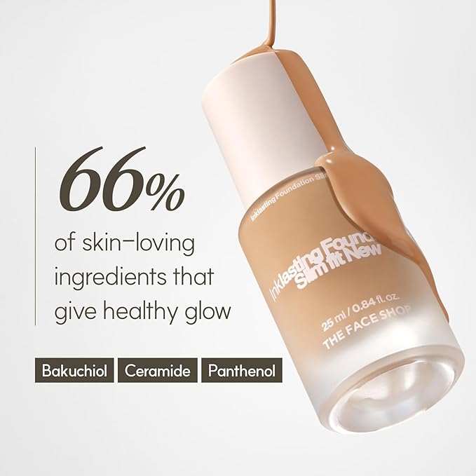 THE FACE SHOP Ink Lasting Liquid Foundation, Full Coverage, 72‑Hour Wear Semi‑Matte Finish, Makeup with Bakuchiol, W310 Caramel, 0.84 Fl. Oz.