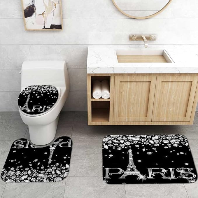 4PCS Eiffel Tower Shower Curtain Set, Luxury Jewelry Rhinestone Bling Diamond Paris Bathroom Decor, Waterproof Fabric Black Shower Curtain, Non-slip Bath Mat Toilet Lid Cover Bathroom Rugs