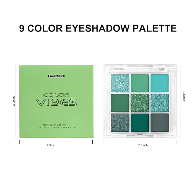 Erinde Matte Shimmer Light Deep Green Eye Shadow Palette Makeup Eyeshadow, Long Lasting Waterproof Cruelty-Free, 9 Blendable Shades Smooth Finishes Powder with Gorgeous Pearls for Girls