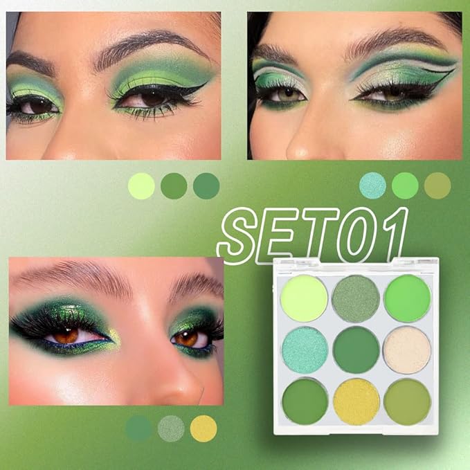 9 Colors Shimmer Matte Green Eyeshadow Palette. Highly Pigmented Light Green Eyeshadow Dark Green Eye shadow Paleta.Blendability Shiny Matte Green Makeup Powder Palet.paleta de sombras de ojos verdes