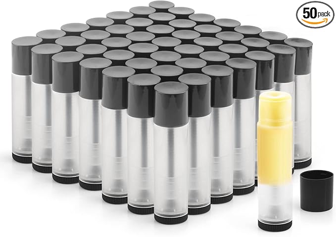 50Pcs 5g Lip Balm Tubes Plastic Lipstick Containers Empty Refillable Twist-up Lip Gloss Balm Filling Stick Clear Tube Holder with Black Cap for DIY Chapsticks Crayon Solid Perfume