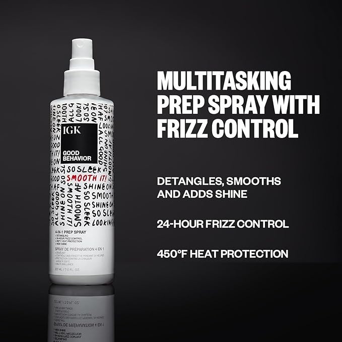 IGK GOOD BEHAVIOR Smoothing Frizz Fighters Set | 4-in-1 Prep Spray + Spirulina Protein Smoothing Spray | Frizz Control + Heat Protectant | Vegan + Cruelty Free